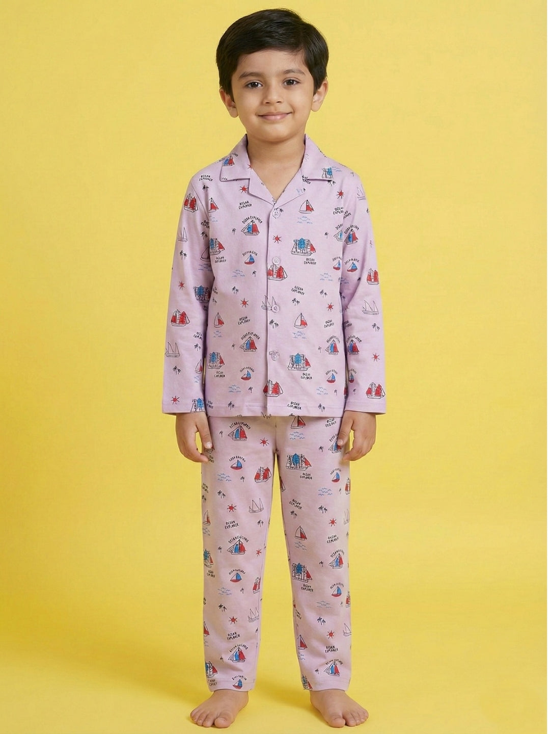 Onion Pink Graphic Printed Full Sleeves Nightsuit for Boys