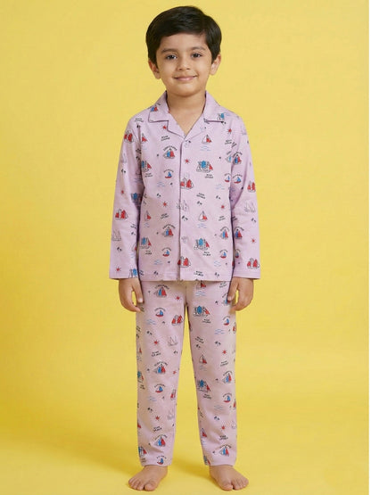 Onion Pink Graphic Printed Full Sleeves Nightsuit for Boys