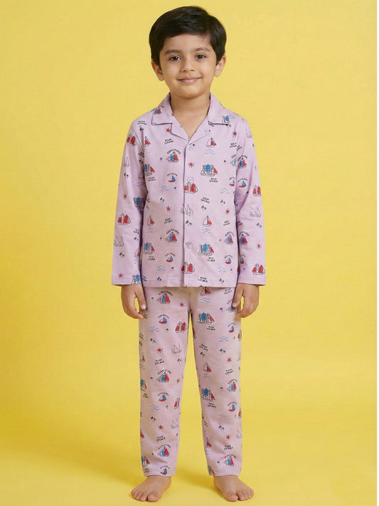 Onion Pink Graphic Printed Full Sleeves Nightsuit for Boys