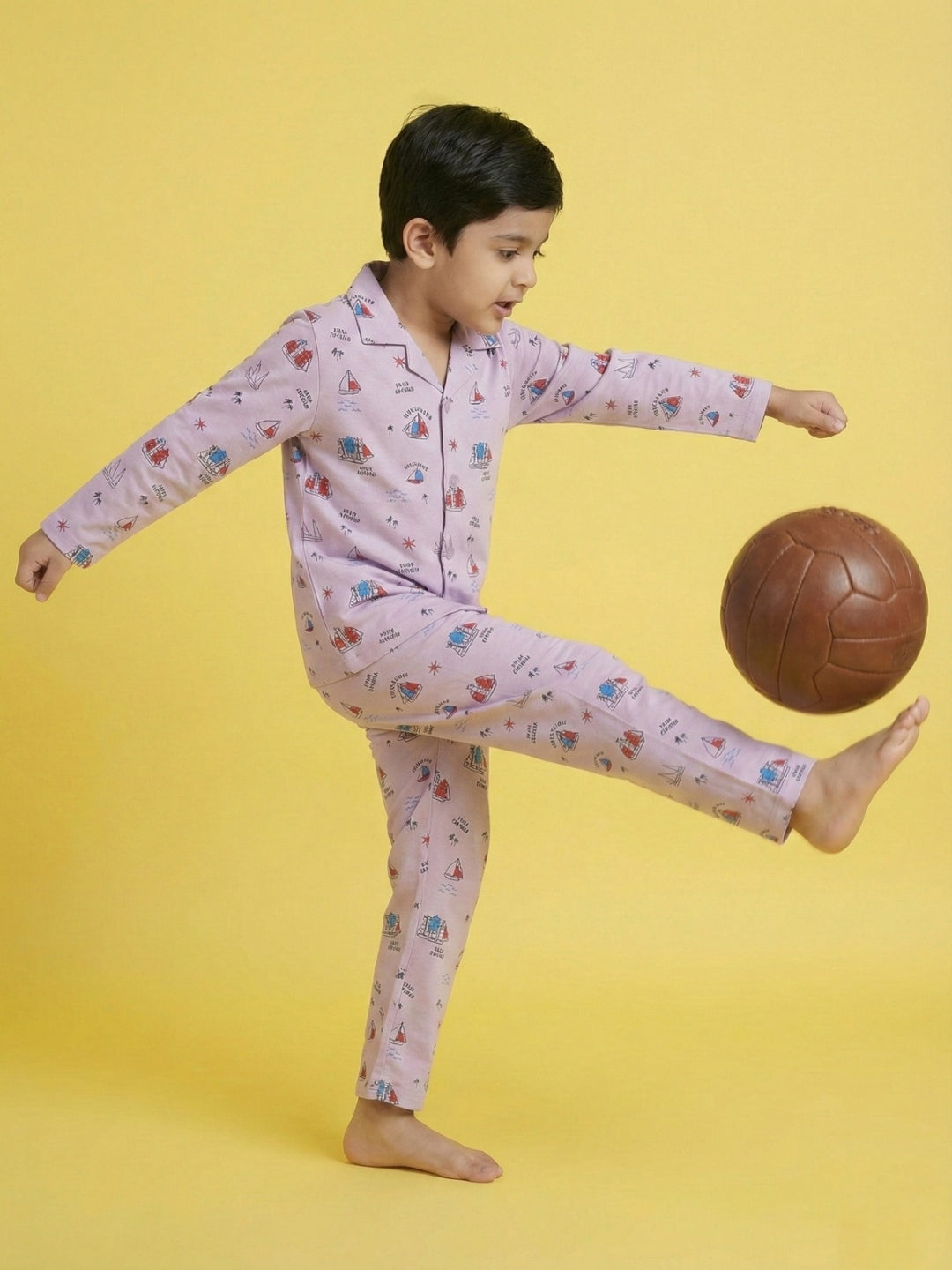 Onion Pink Graphic Printed Full Sleeves Nightsuit for Boys