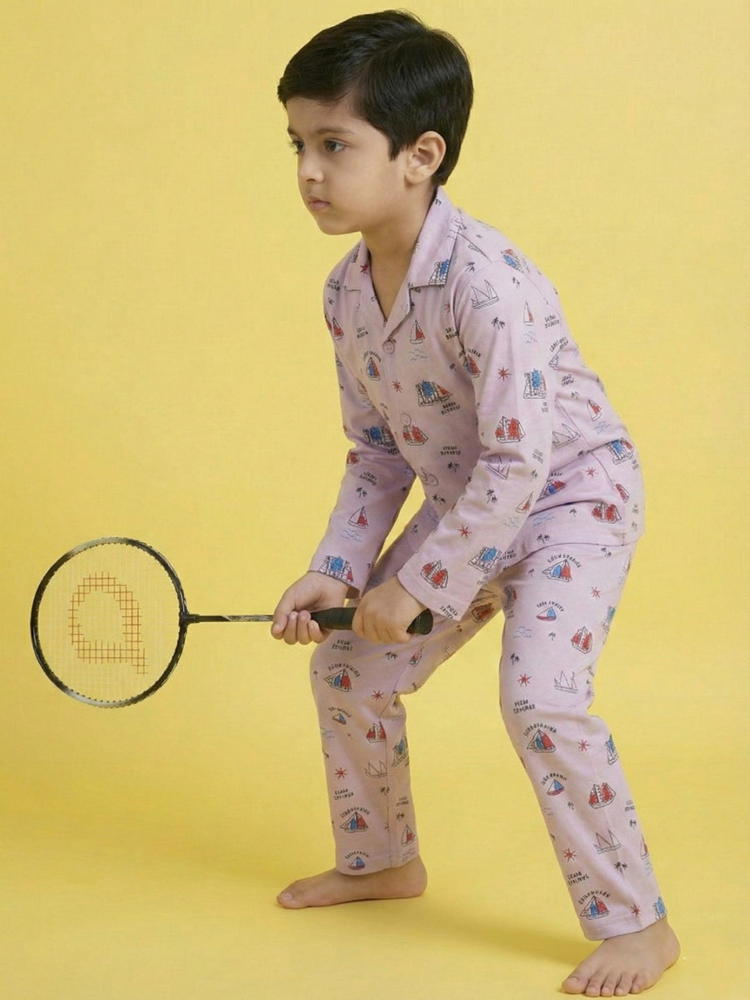 Onion Pink Graphic Printed Full Sleeves Nightsuit for Boys