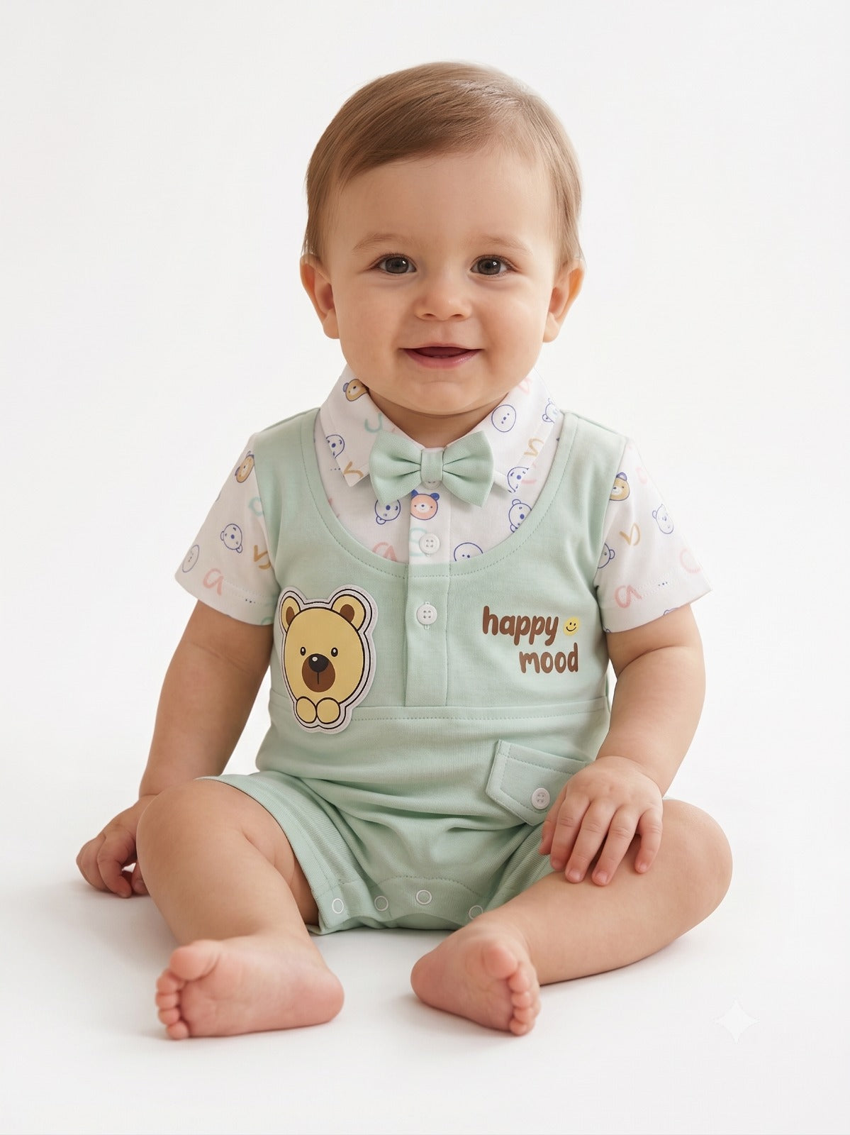 Baby Boy Romper with Bow Tie and Bear Patch - Green