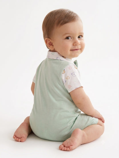 Baby Boy Romper with Bow Tie and Bear Patch Green & Pink Combo
