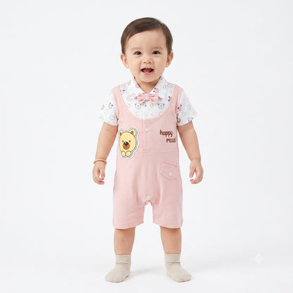 Baby Boy Romper with Bow Tie and Bear Patch - Pink