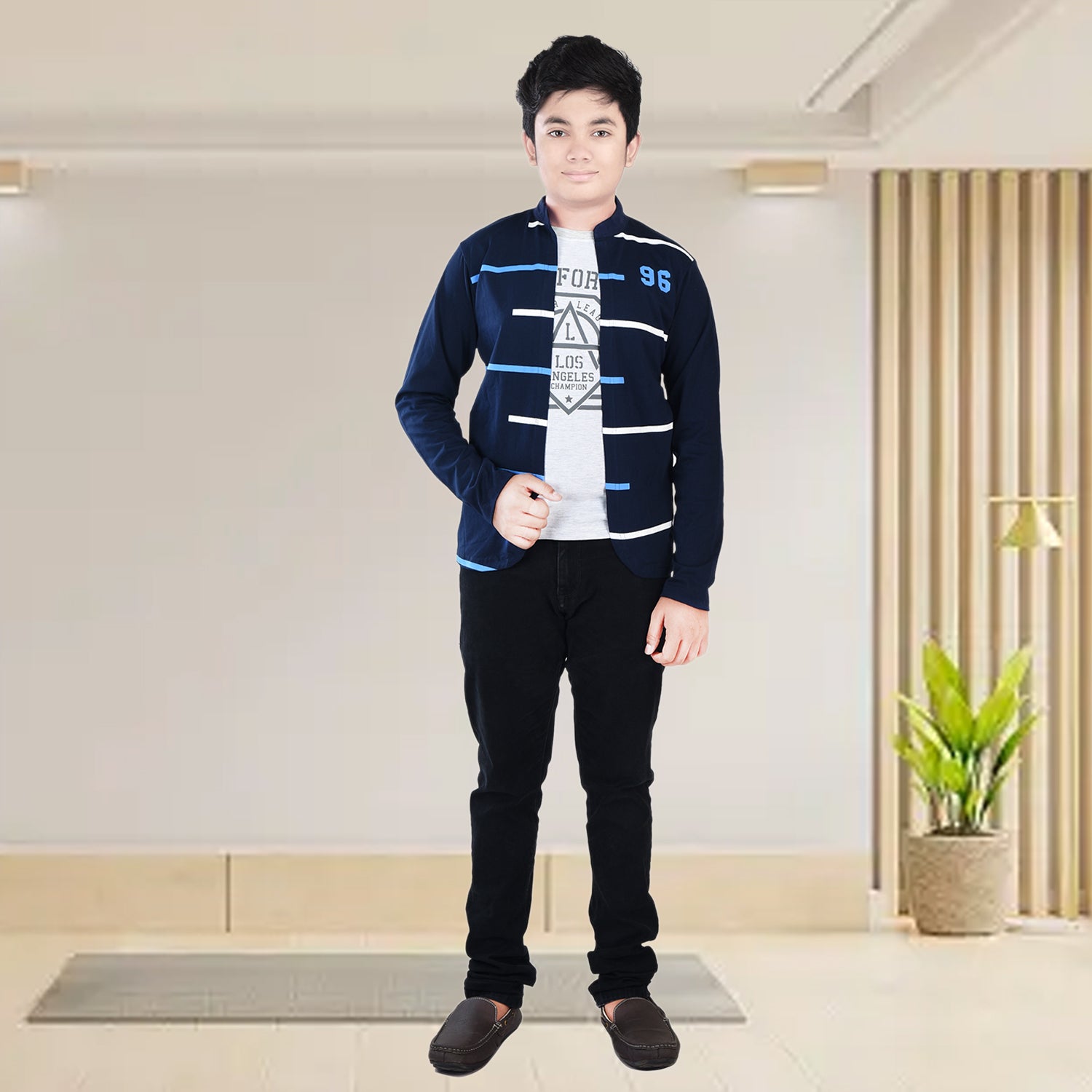 Navy Blue /Printed Full Sleeves Pure Cotton Boys T-shirt Attached with Shrug image 4