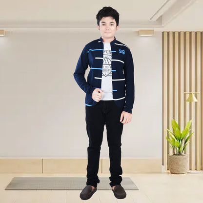 Navy Blue /Printed Full Sleeves Pure Cotton Boys T-shirt Attached with Shrug image 4