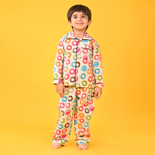 Multicolour / Donat Printed Full Sleeves Cotton Kids Night Suit image 0