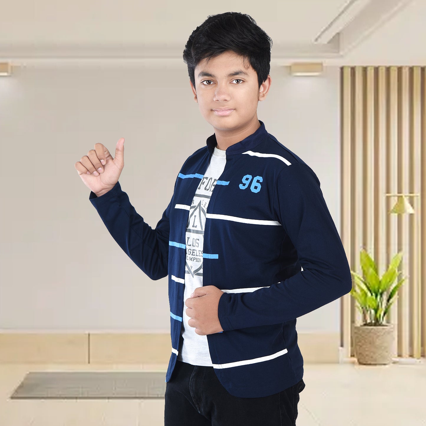 Navy Blue /Printed Full Sleeves Pure Cotton Boys T-shirt Attached with Shrug image 3