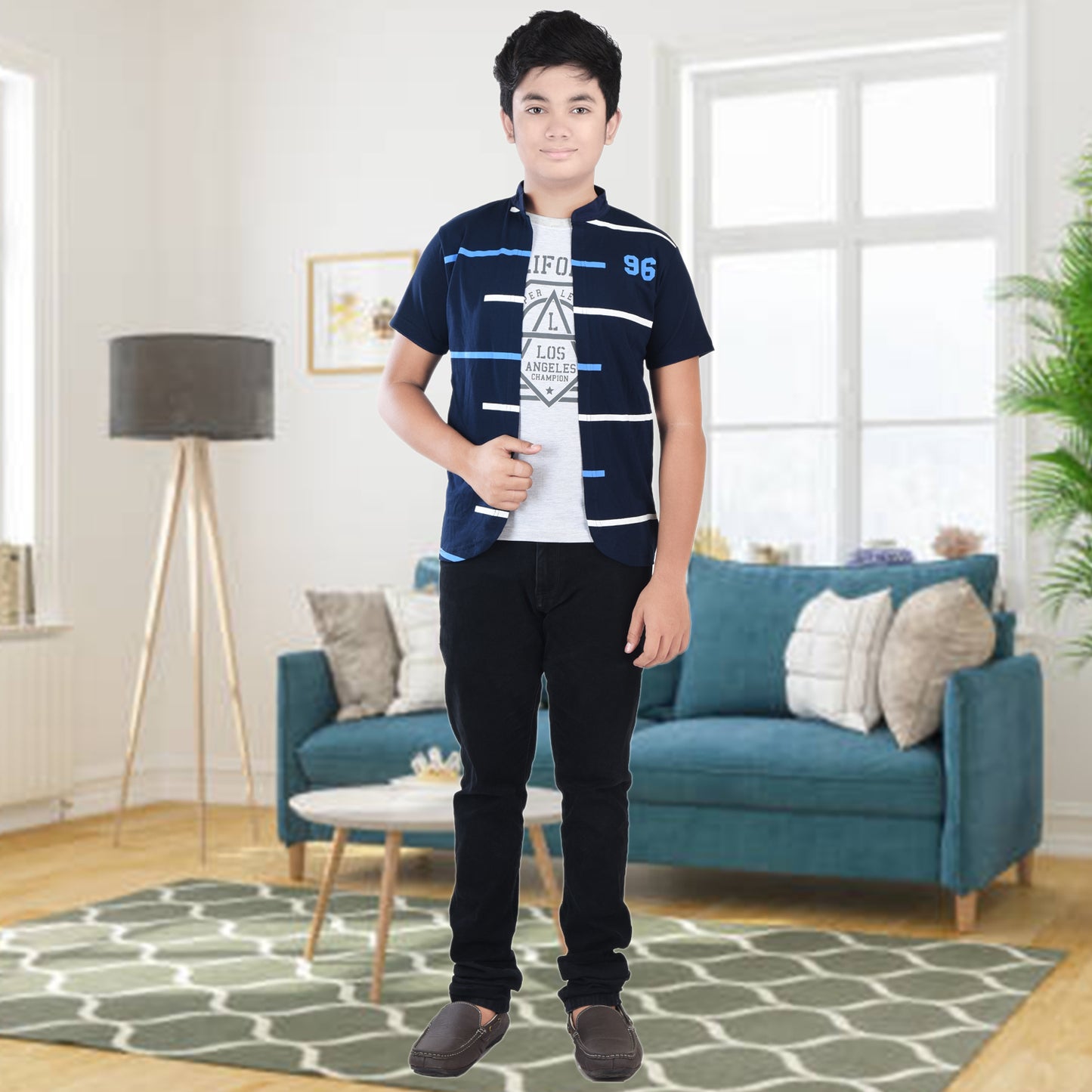 Navy/Printed Half Sleeves Pure Cotton Boys T-shirt Attached with Shrug image 3