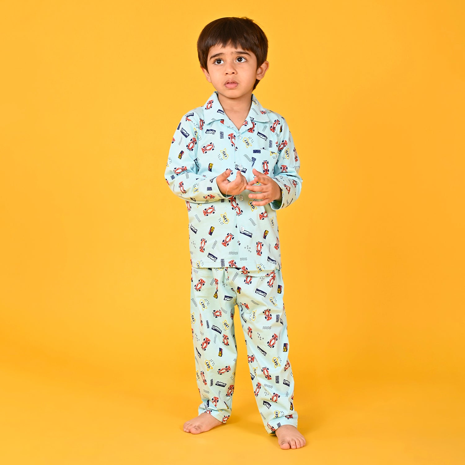 Aqua Blue / Recing Car Printed Full Sleeves Cotton Kids Night Suit image 3