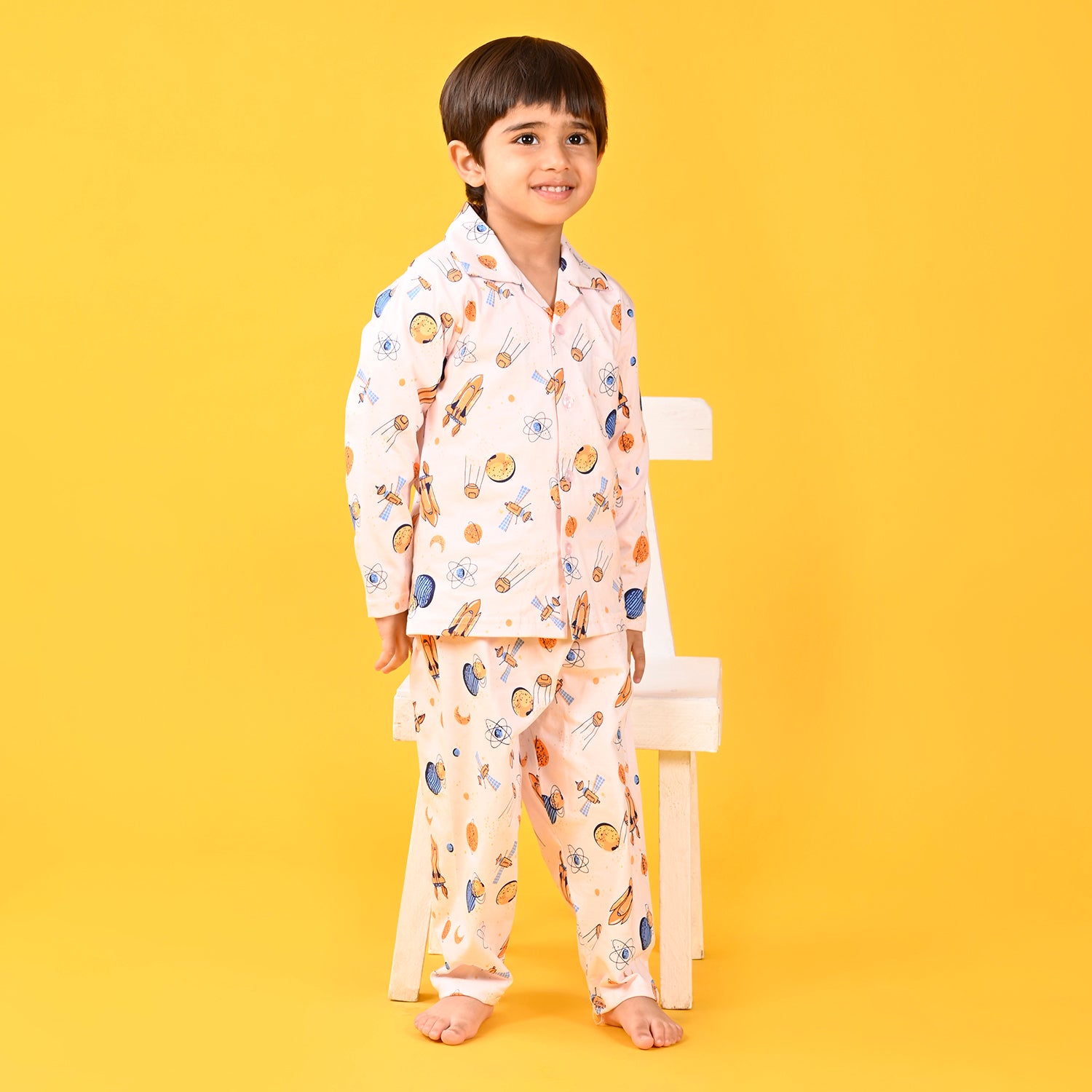 Light Pink / Galaxy  Printed Full Sleeves Cotton Kids Night Suit image 3