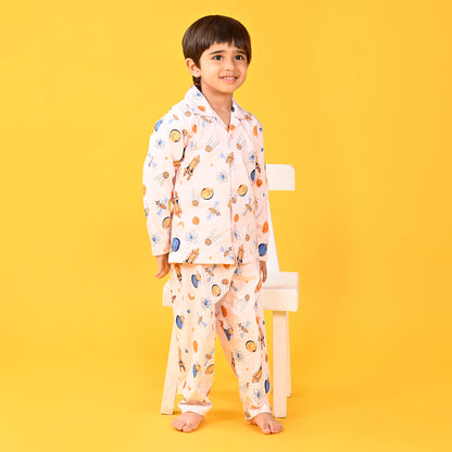 Light Pink / Galaxy  Printed Full Sleeves Cotton Kids Night Suit image 3