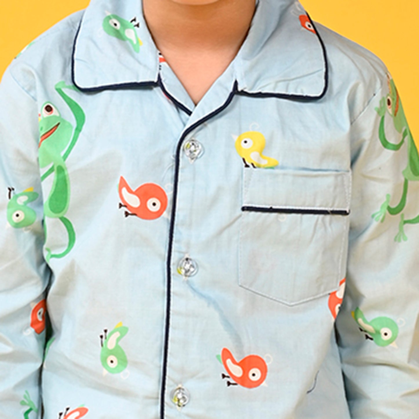 Sky Blue / Bird Printed Full Sleeves Cotton Kids Night Suit image 6