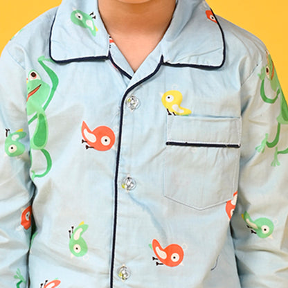 Sky Blue / Bird Printed Full Sleeves Cotton Kids Night Suit image 6