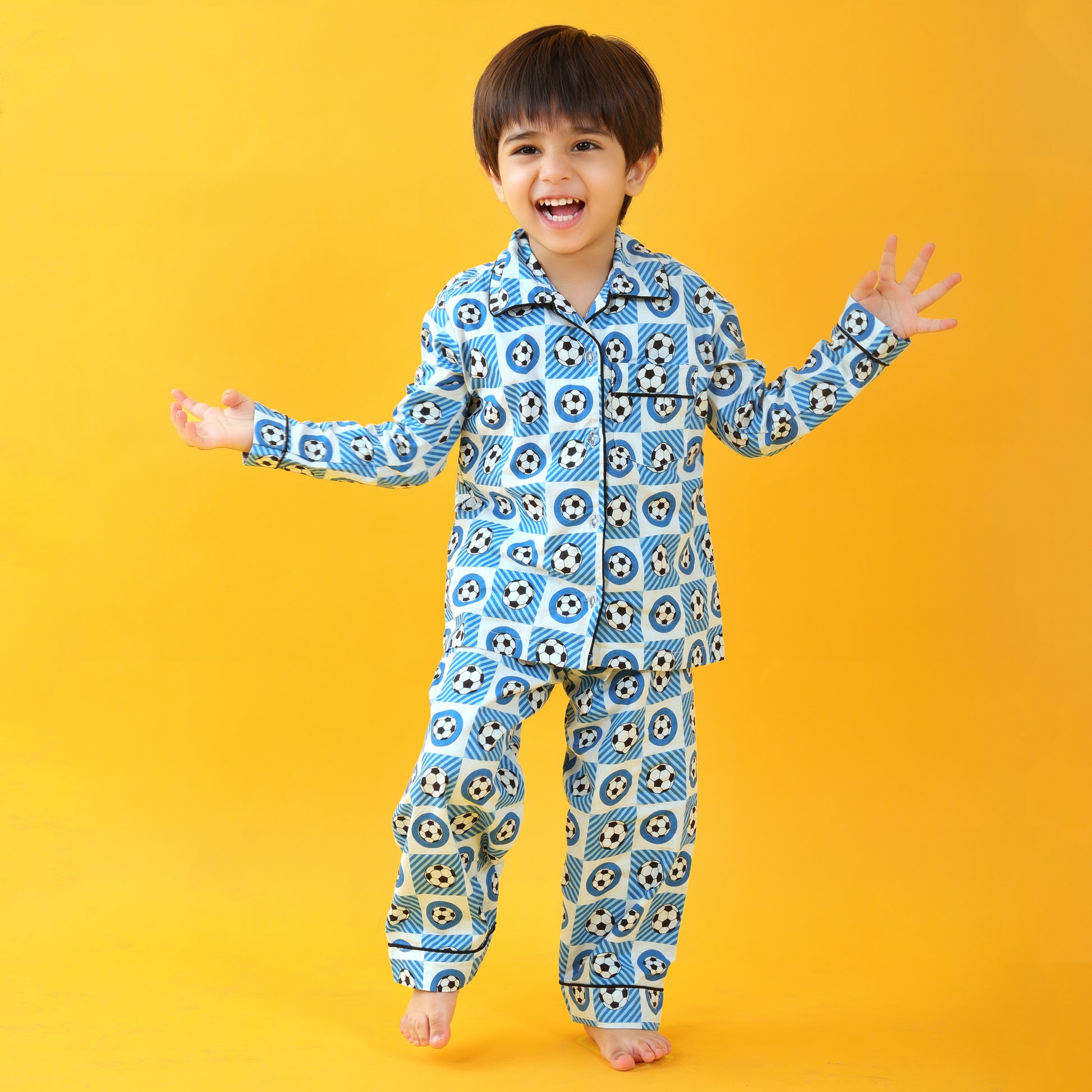Textile Blue / Soccer Printed Full Sleeves Cotton Kids Night Suit Set image 1