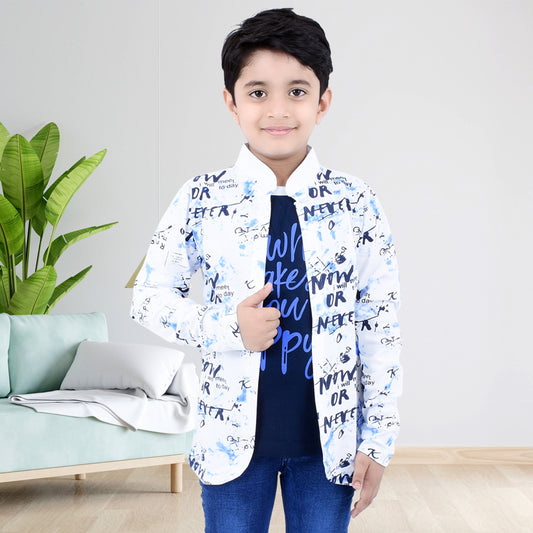 White /Printed Full Sleeves Pure Cotton Boys T-shirt Attached with Shrug image 0