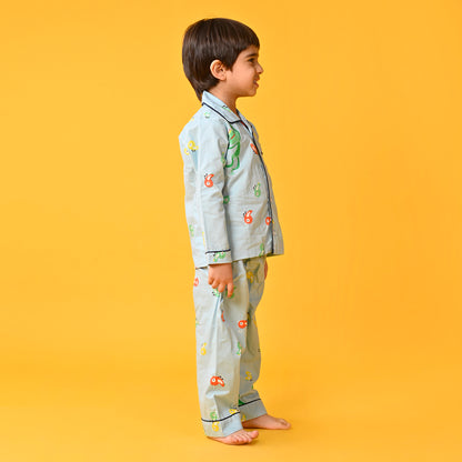 Sky Blue / Bird Printed Full Sleeves Cotton Kids Night Suit image 1