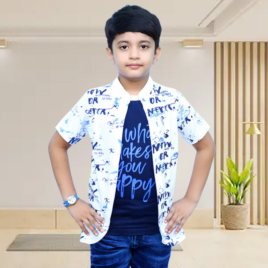 White /Printed Half Sleeves Pure Cotton Boys T-shirt Attached with Shrug image 0