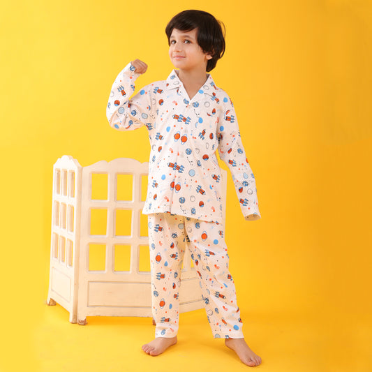 Hosiery White / Rocket Printed Full Sleeves Cotton kids Night Suit Set image 1