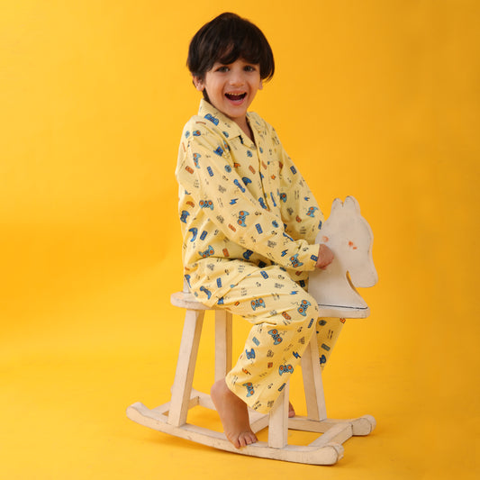Hosiery Yellow / Joystick Printed Full Sleeves Cotton kids Night Suit Set image 4
