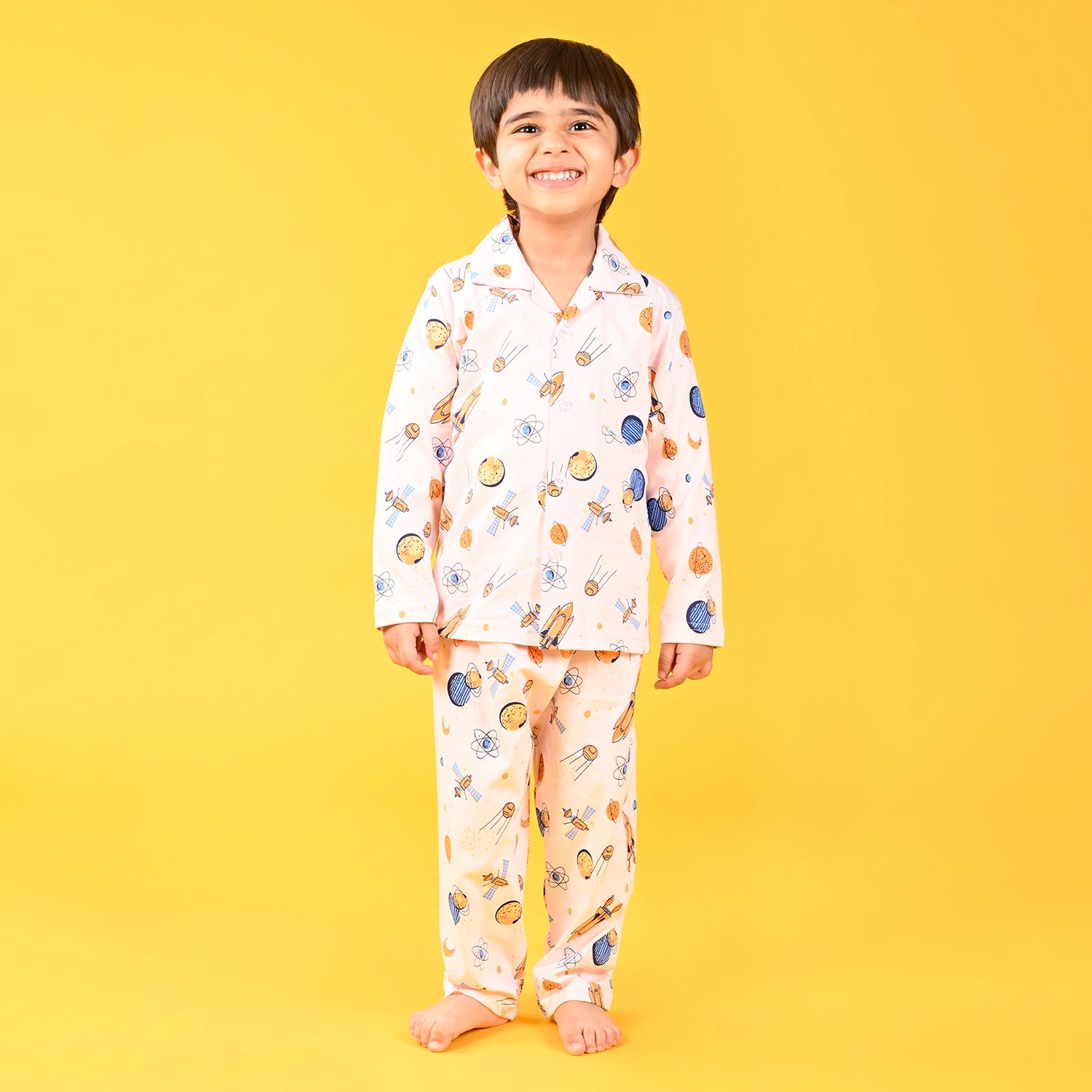 Light Pink / Galaxy  Printed Full Sleeves Cotton Kids Night Suit image 0