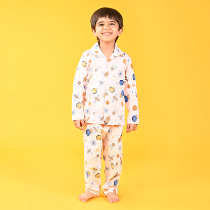 Light Pink / Galaxy  Printed Full Sleeves Cotton Kids Night Suit image 0