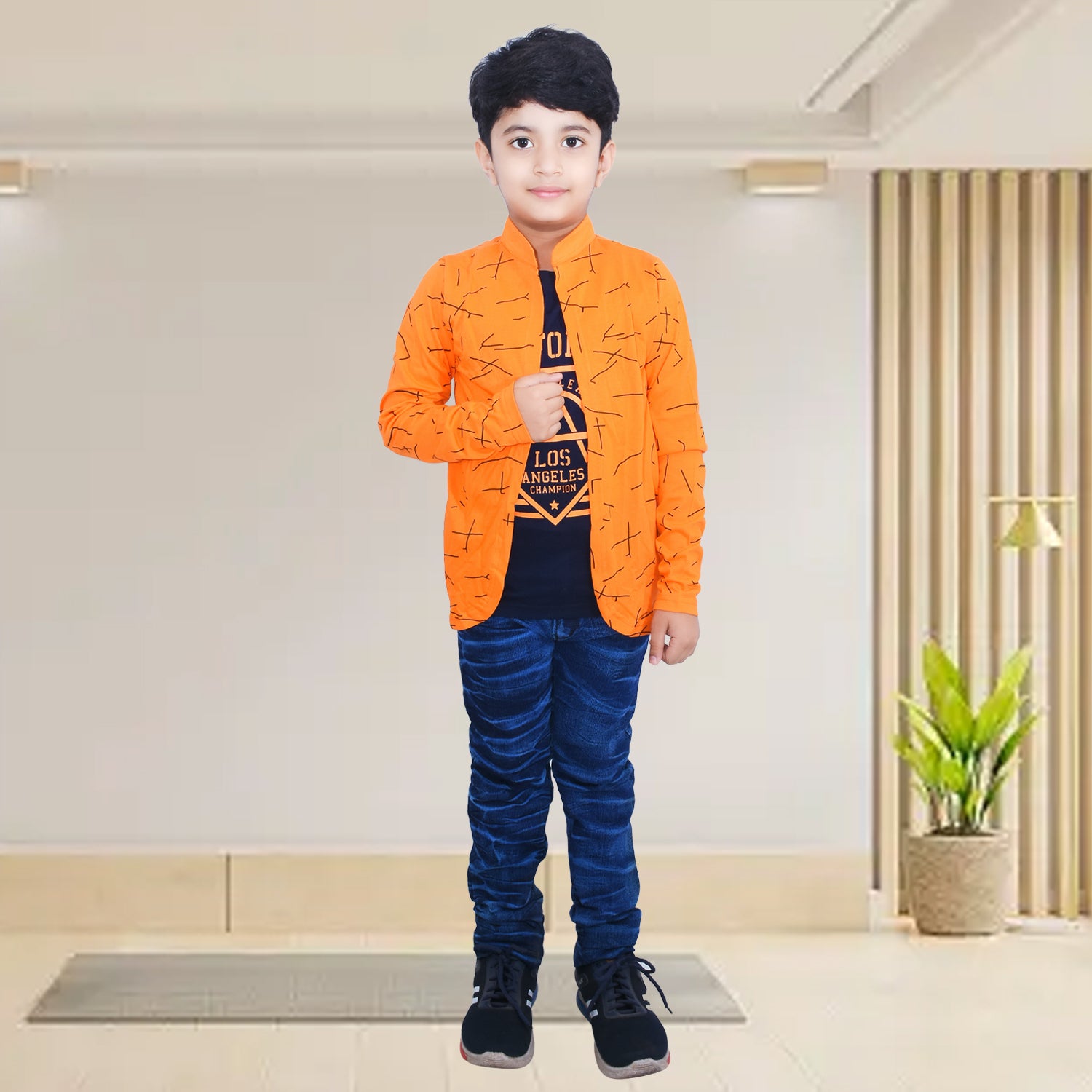 Orange/Printed Full Sleeves Pure Cotton Boys T-shirt Attached with Shr