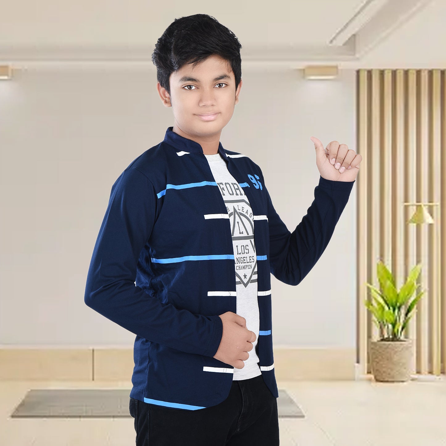 Navy Blue /Printed Full Sleeves Pure Cotton Boys T-shirt Attached with Shrug image 2