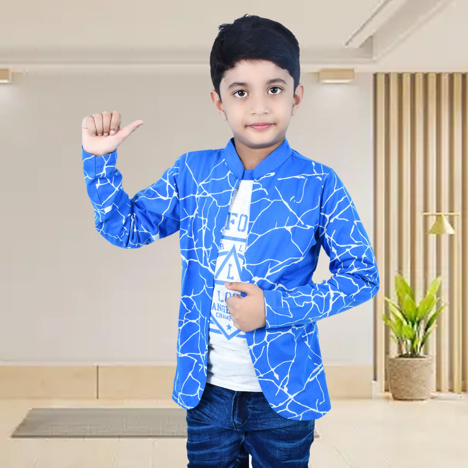 Royal Blue /Printed Full Sleeves Pure Cotton Boys T-shirt Attached with Shrug image 3