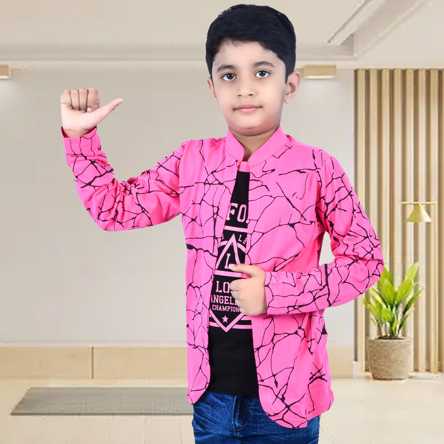 Pink /Printed Full Sleeves Pure Cotton Boys T-shirt Attached with Shrug image 3
