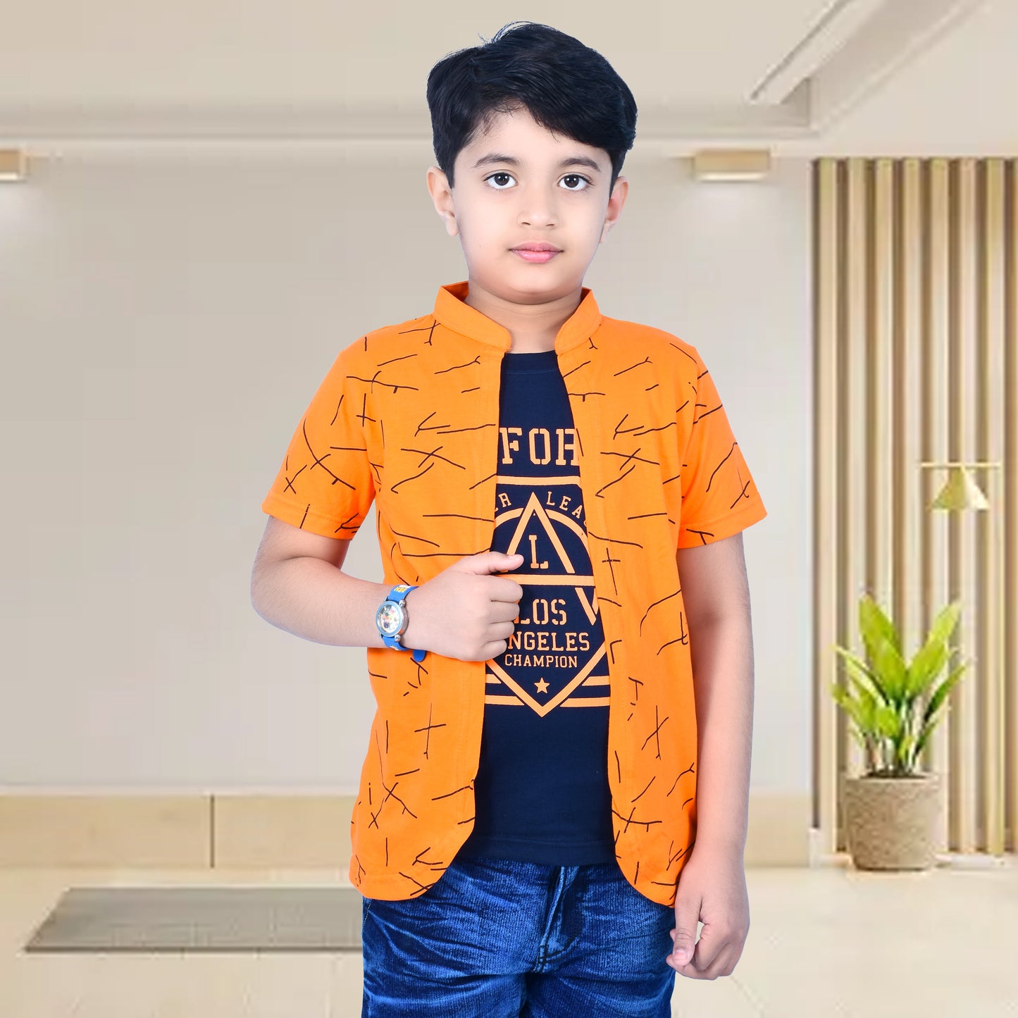 Orange /Printed Half Sleeves Pure Cotton Boys T-shirt Attached with Shrug image 0