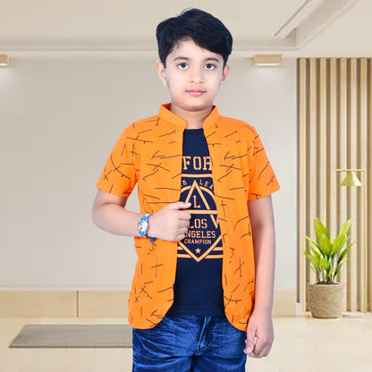 Orange /Printed Half Sleeves Pure Cotton Boys T-shirt Attached with Shrug image 0