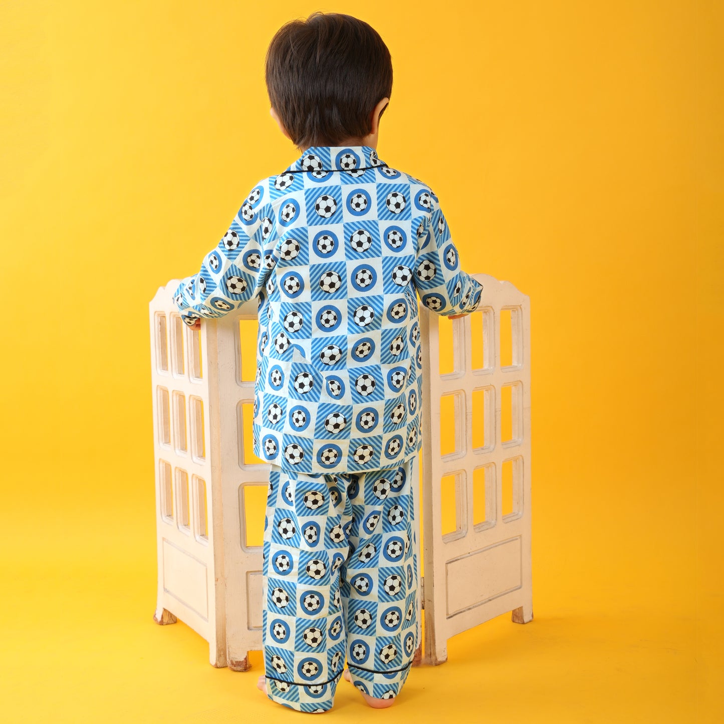 Textile Blue / Soccer Printed Full Sleeves Cotton Kids Night Suit Set image 8