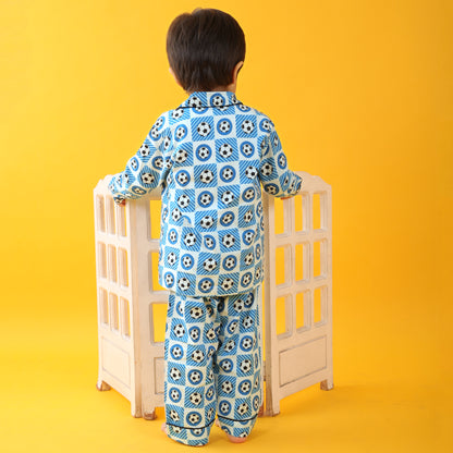 Textile Blue / Soccer Printed Full Sleeves Cotton Kids Night Suit Set image 8