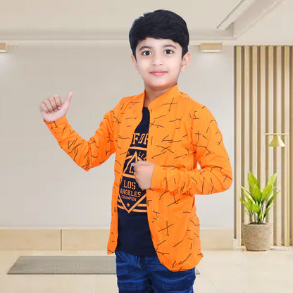 Orange/Printed Full Sleeves Pure Cotton Boys T-shirt Attached with Shrug image 3