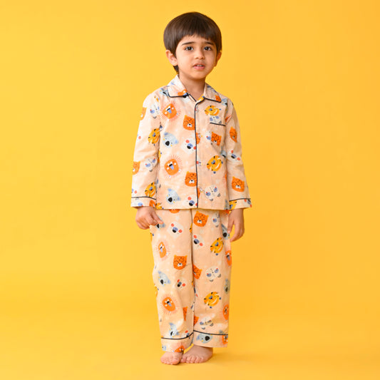 Peach Orange / Lion Printed Full Sleeves Cotton Kids Night Suit image 0