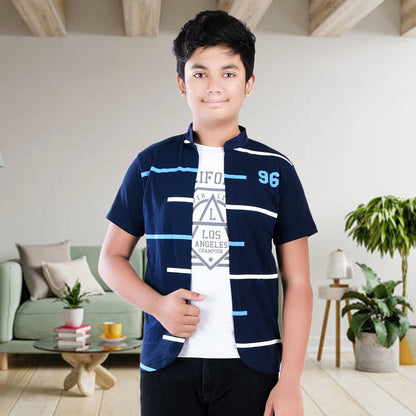 Navy/Printed Half Sleeves Pure Cotton Boys T-shirt Attached with Shrug image 0