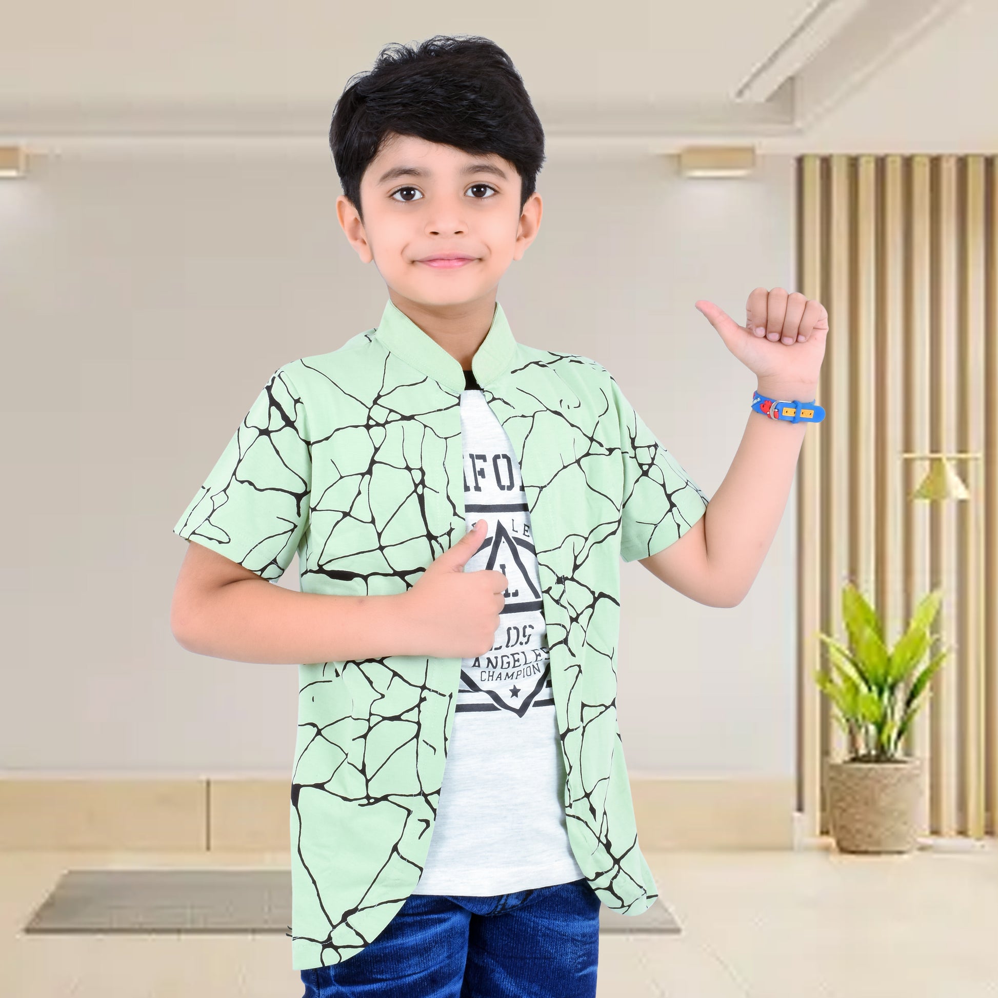 Pista Green /Printed Half Sleeves Pure Cotton Boys T-shirt Attached with Shrug image 0