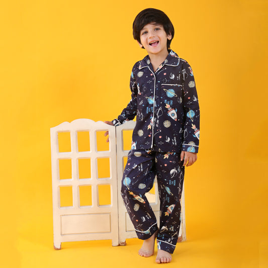 Navy Blue /Space Printed Full Sleeves Cotton kids Night Suit Set image 3
