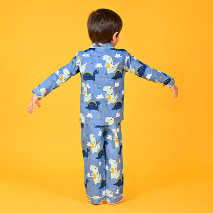 Horizan Blue / Dinosaur Printed Full Sleeves Cotton Kids Night Suit image 4