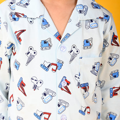 Light Blue / Bulldozar Car Printed Full Sleeves Cotton Kids Night Suit image 3