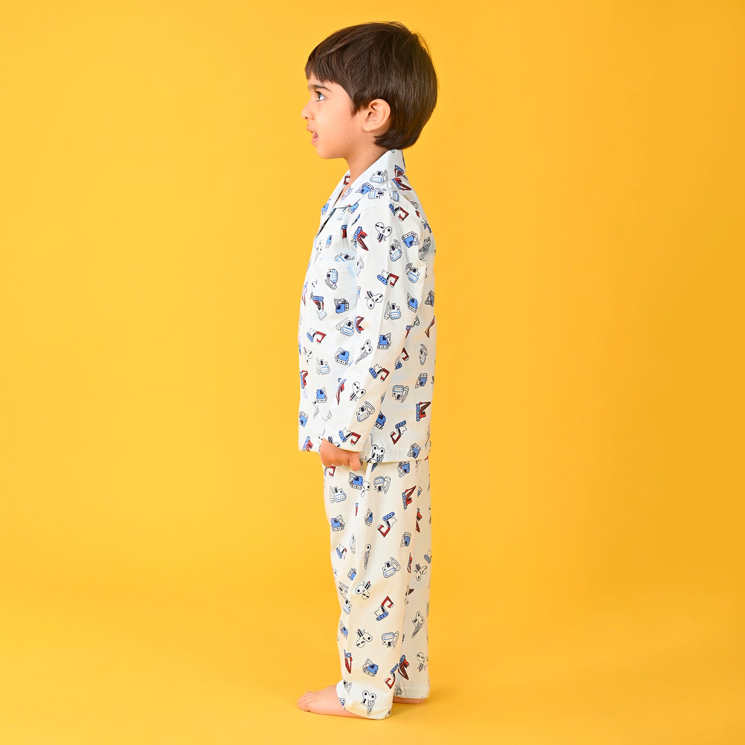 Light Blue / Bulldozar Car Printed Full Sleeves Cotton Kids Night Suit image 2