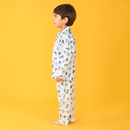 Light Blue / Bulldozar Car Printed Full Sleeves Cotton Kids Night Suit image 2