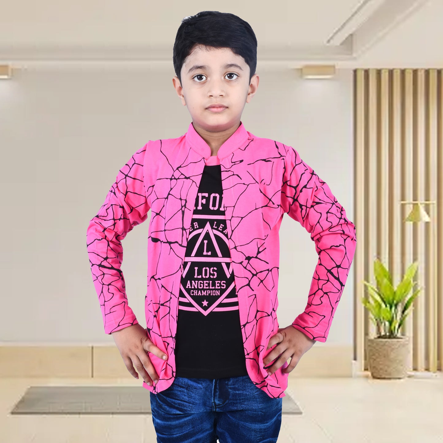 Pink /Printed Full Sleeves Pure Cotton Boys T-shirt Attached with Shrug image 0