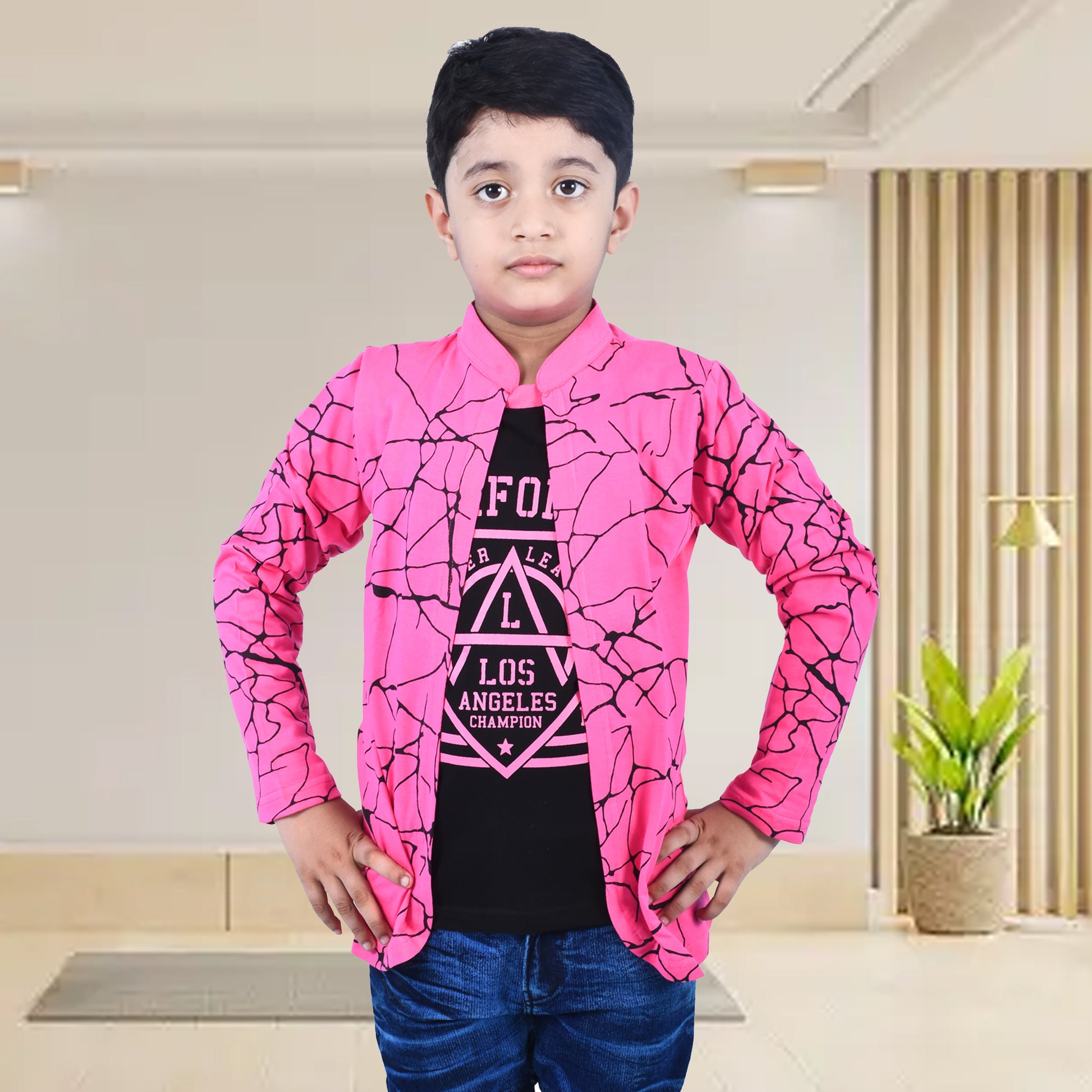 Pink /Printed Full Sleeves Pure Cotton Boys T-shirt Attached with Shrug image 0