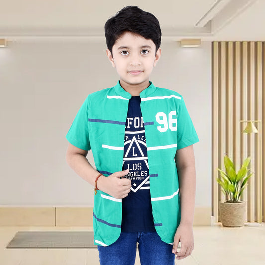 Rama Green /Printed Half Sleeves Pure Cotton Boys T-shirt Attached with Shrug image 0