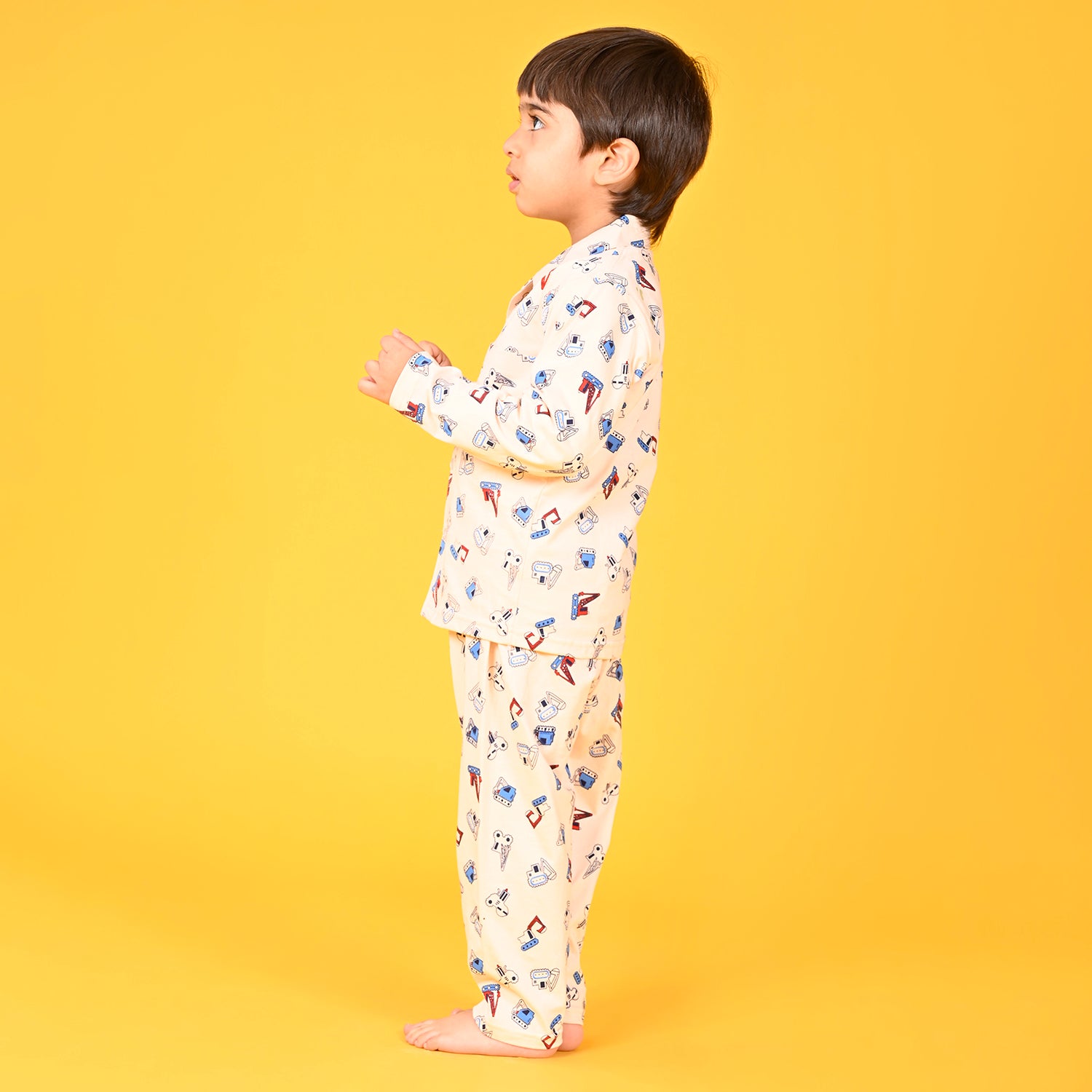 Peach / Car Printed Full Sleeves Cotton Kids Night Suit image 2