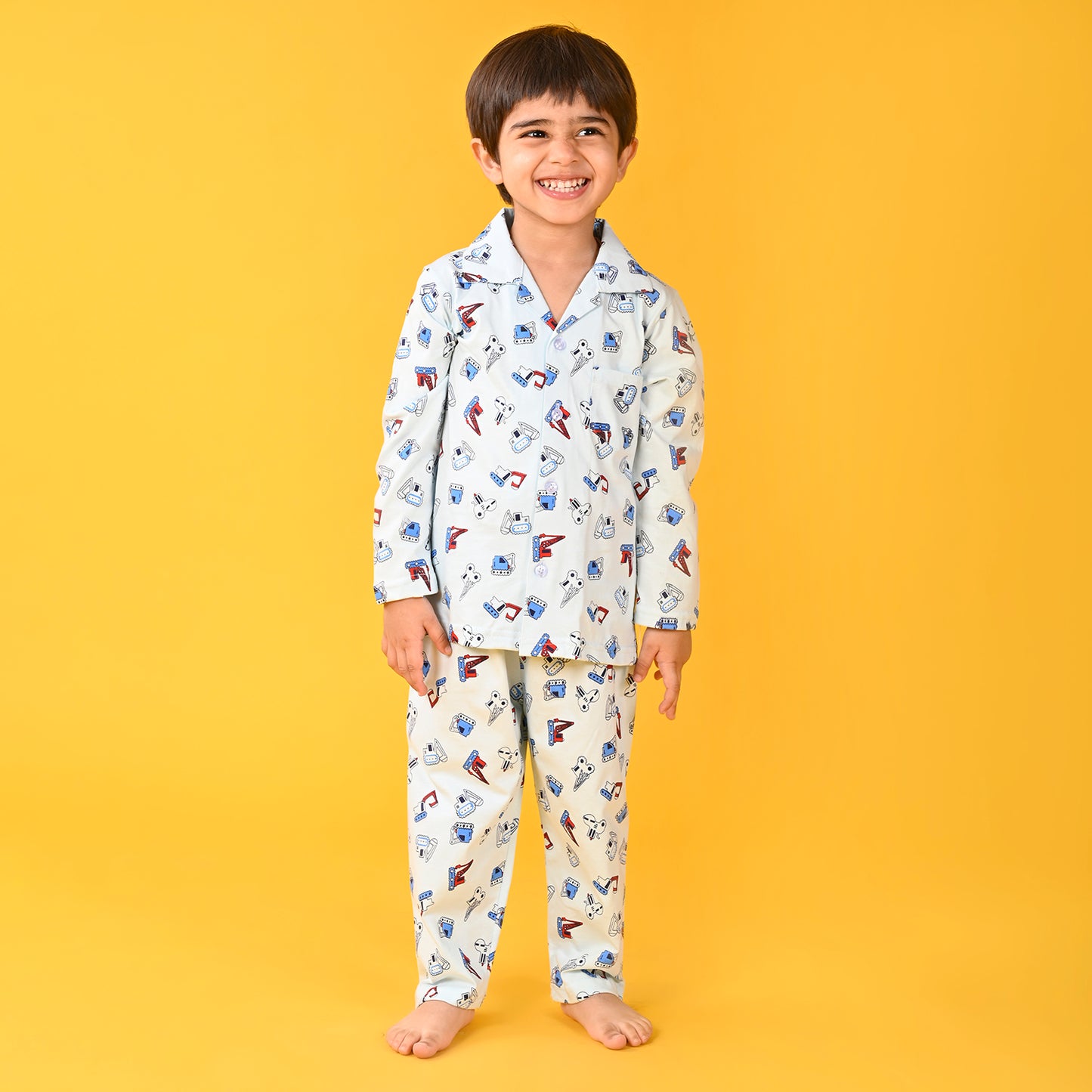 Light Blue / Bulldozar Car Printed Full Sleeves Cotton Kids Night Suit image 0