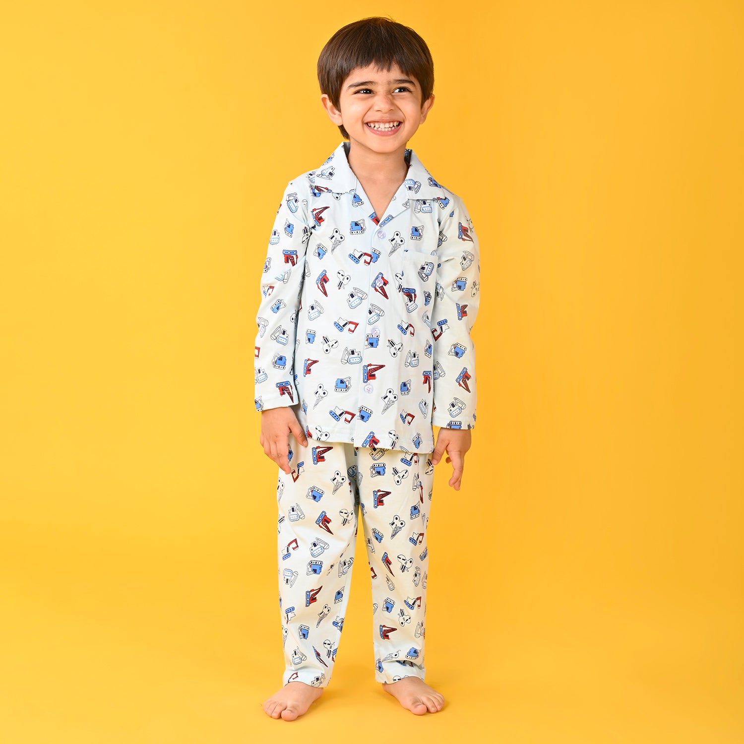 Light Blue / Bulldozar Car Printed Full Sleeves Cotton Kids Night Suit image 0