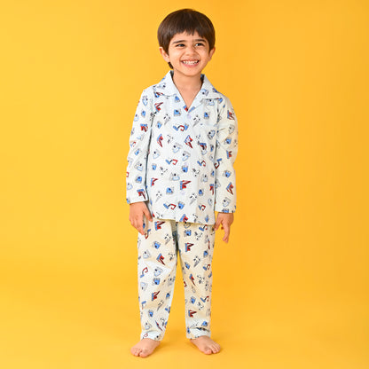 Light Blue / Bulldozar Car Printed Full Sleeves Cotton Kids Night Suit image 0